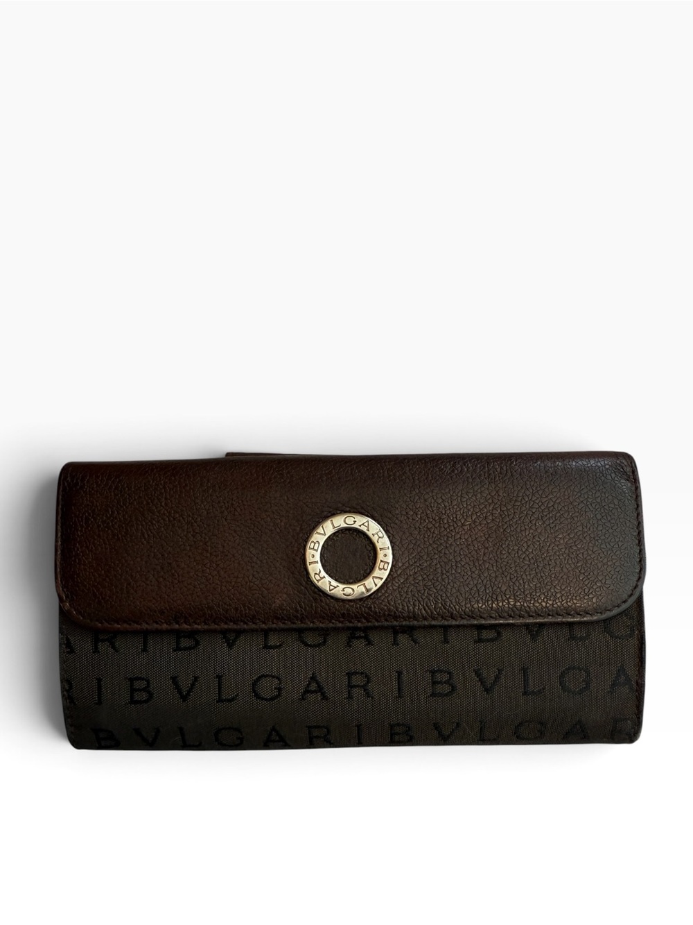 BVLGARI Logomania Canvas and Leather Flap Long Wallet in Brown with COA